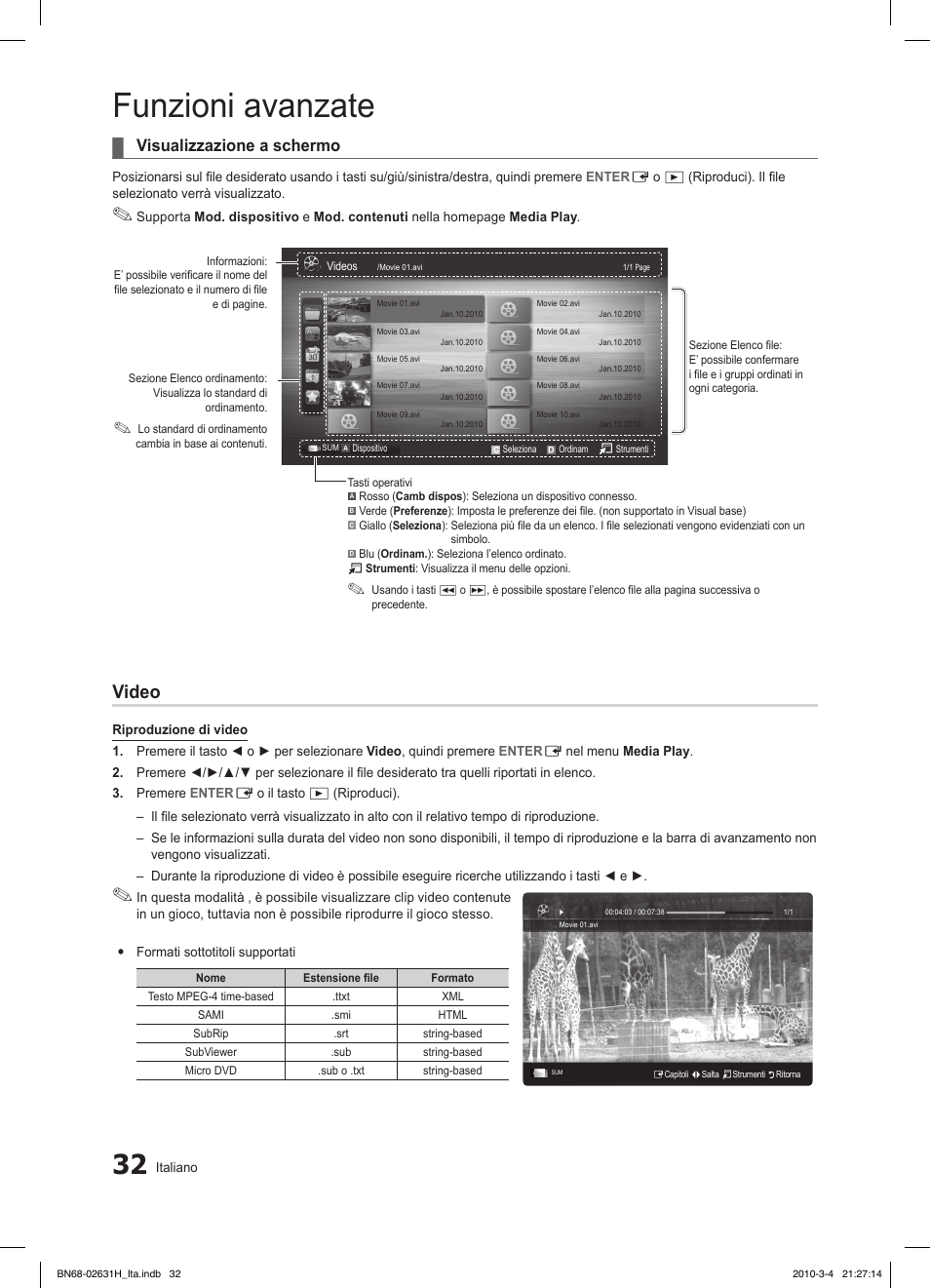 Funzioni avanzate, Video, Visualizzazione a schermo | Samsung LE40C670M1Q User Manual | Page 86 / 164