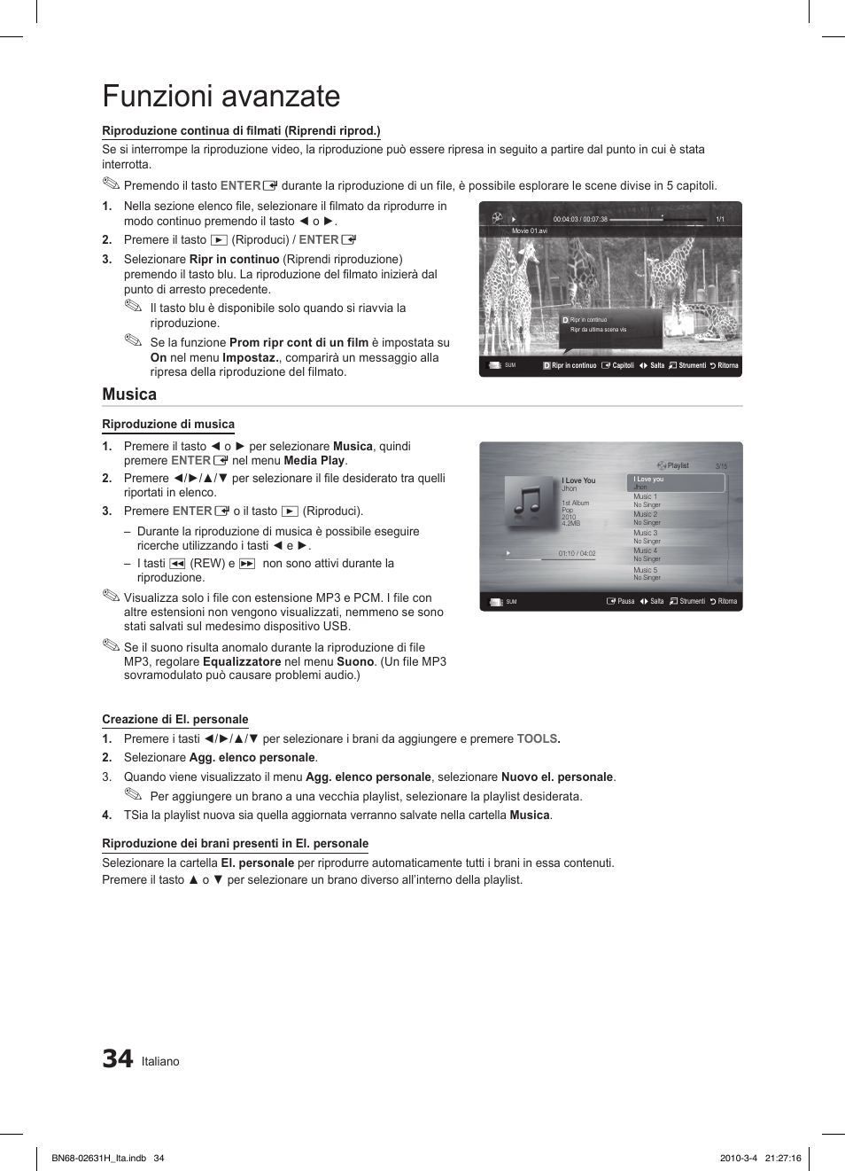 Funzioni avanzate, Musica | Samsung LE40C670M1Q User Manual | Page 88 / 164