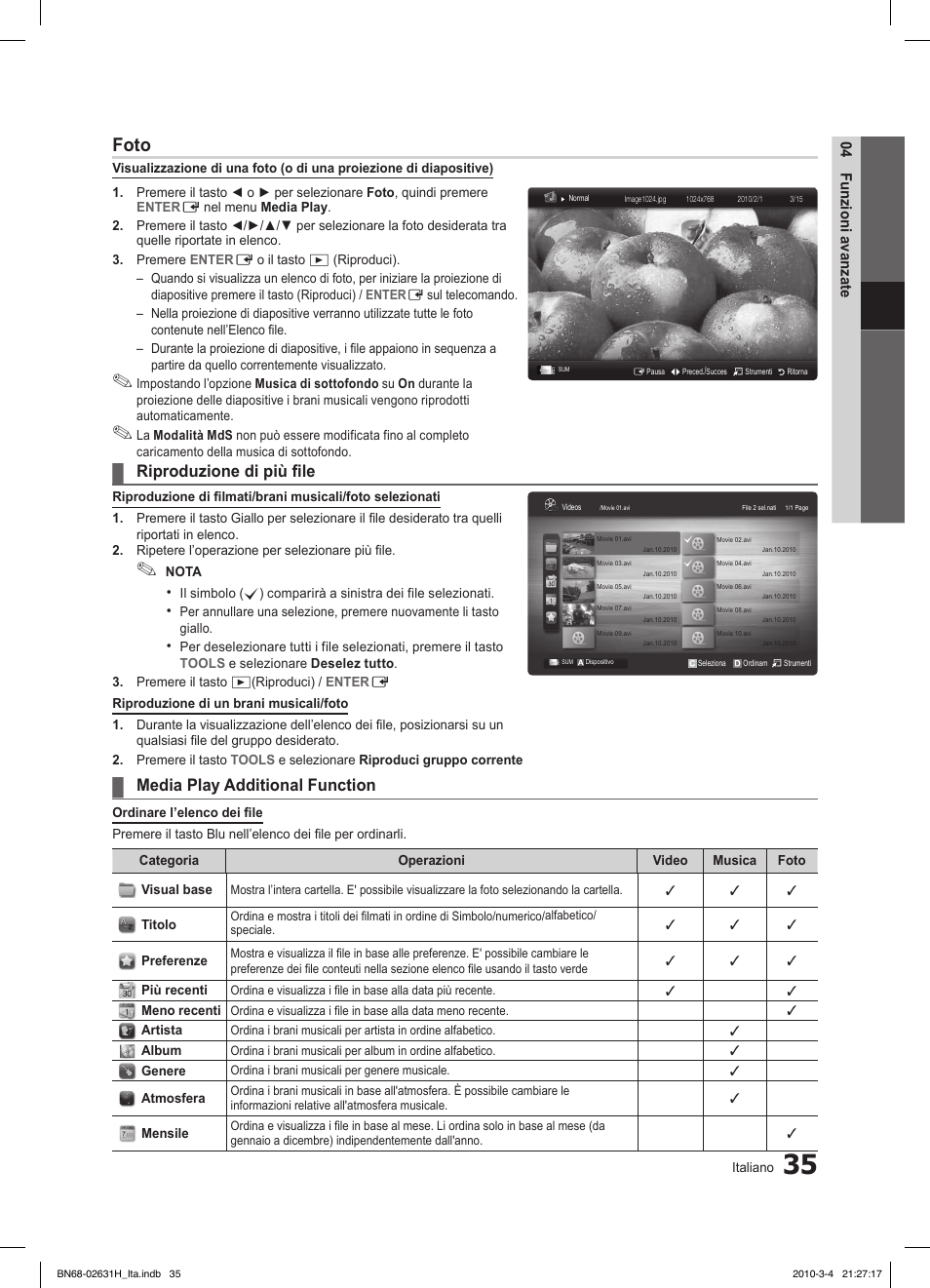 Foto, Riproduzione di più file, Media play additional function | Samsung LE40C670M1Q User Manual | Page 89 / 164