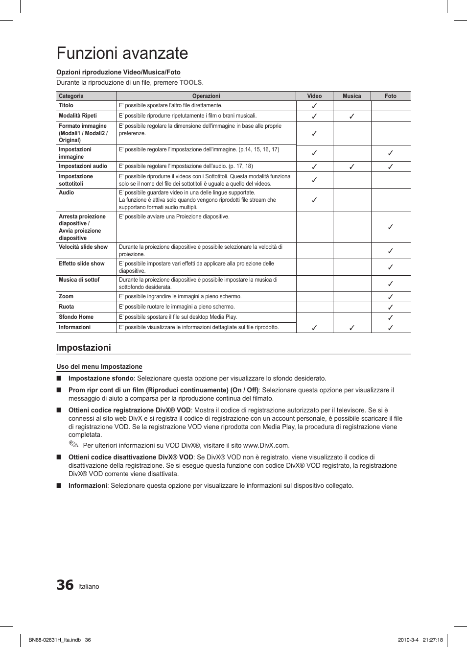 Funzioni avanzate, Impostazioni | Samsung LE40C670M1Q User Manual | Page 90 / 164