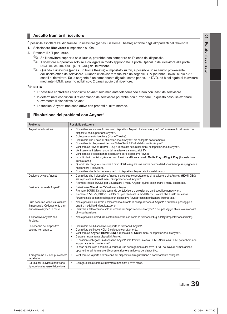 Ascolto tramite il ricevitore, Risoluzione dei problemi con anynet | Samsung LE40C670M1Q User Manual | Page 93 / 164
