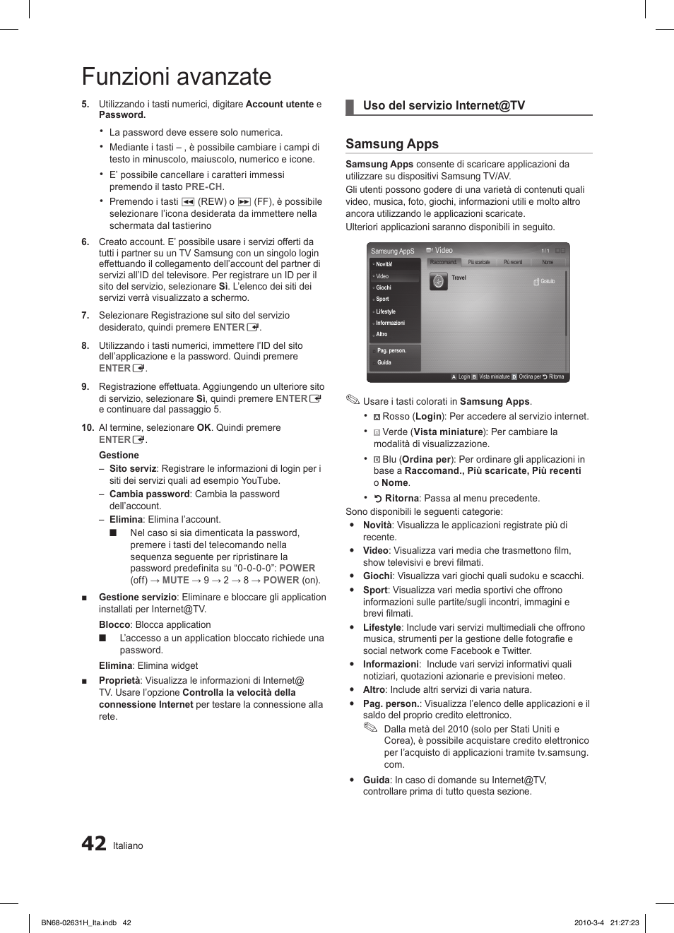 Funzioni avanzate, Samsung apps, Uso del servizio internet@tv | Samsung LE40C670M1Q User Manual | Page 96 / 164