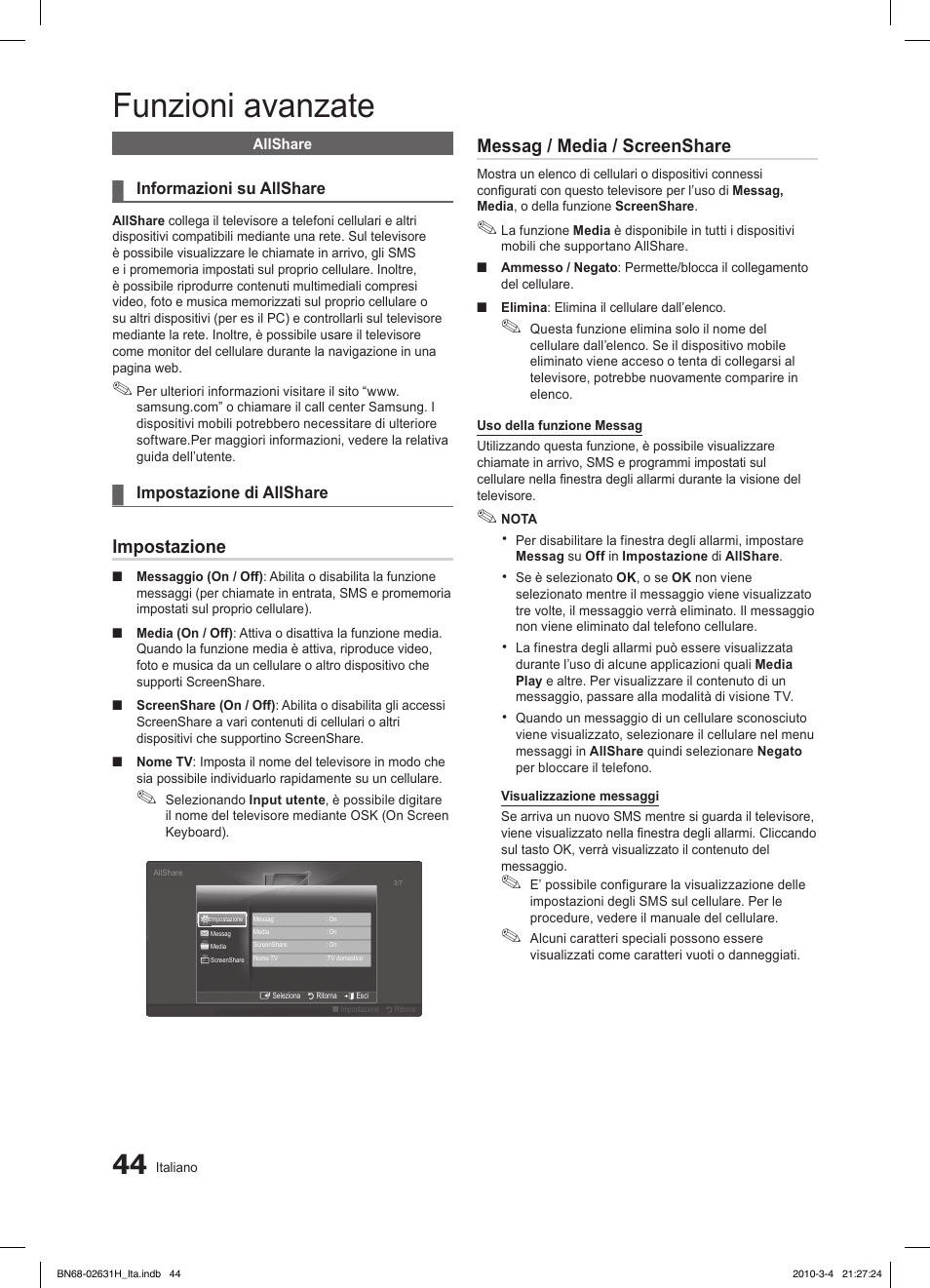 Funzioni avanzate, Impostazione, Messag / media / screenshare | Samsung LE40C670M1Q User Manual | Page 98 / 164