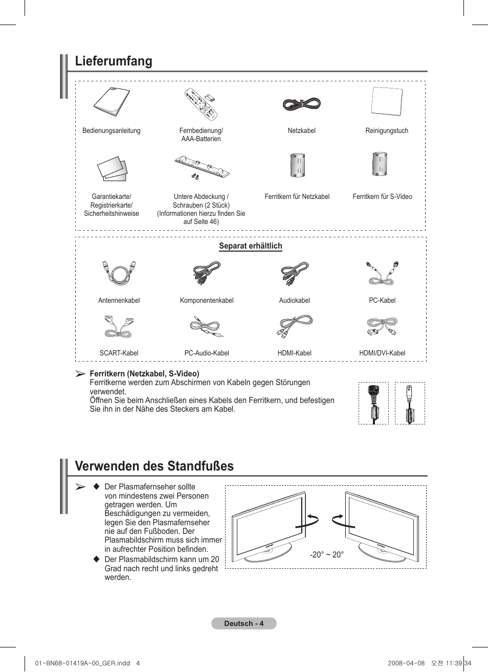 Lieferumfang, Verwenden des standfußes | Samsung PS42A416C1D User Manual | Page 103 / 394