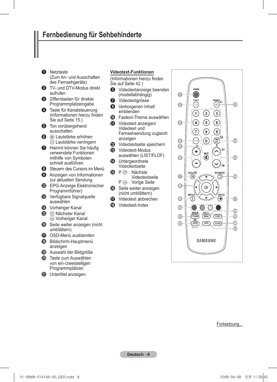 Fernbedienung für sehbehinderte | Samsung PS42A416C1D User Manual | Page 107 / 394
