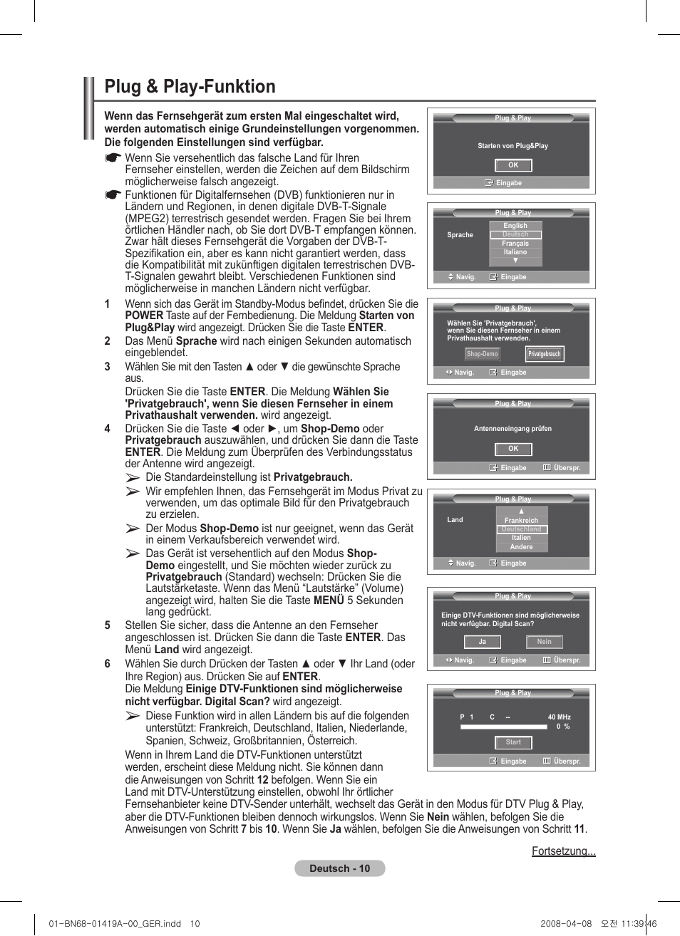 Plug & play-funktion | Samsung PS42A416C1D User Manual | Page 109 / 394