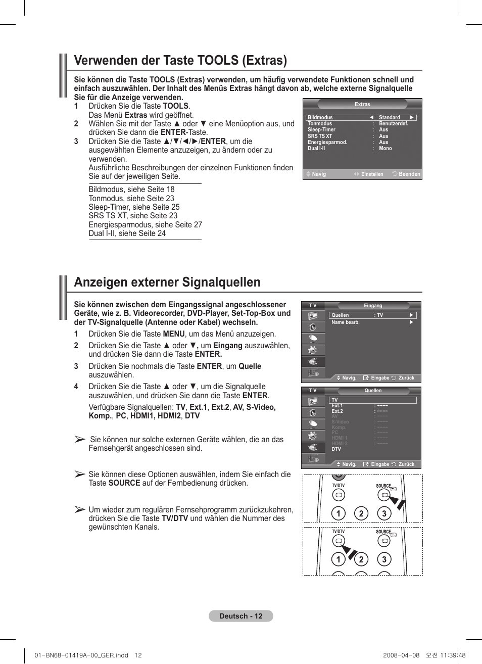 Anzeigen externer signalquellen, Verwenden der taste tools (extras) | Samsung PS42A416C1D User Manual | Page 111 / 394