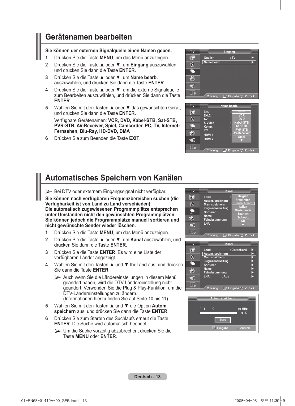 Gerätenamen bearbeiten, Automatisches speichern von kanälen | Samsung PS42A416C1D User Manual | Page 112 / 394