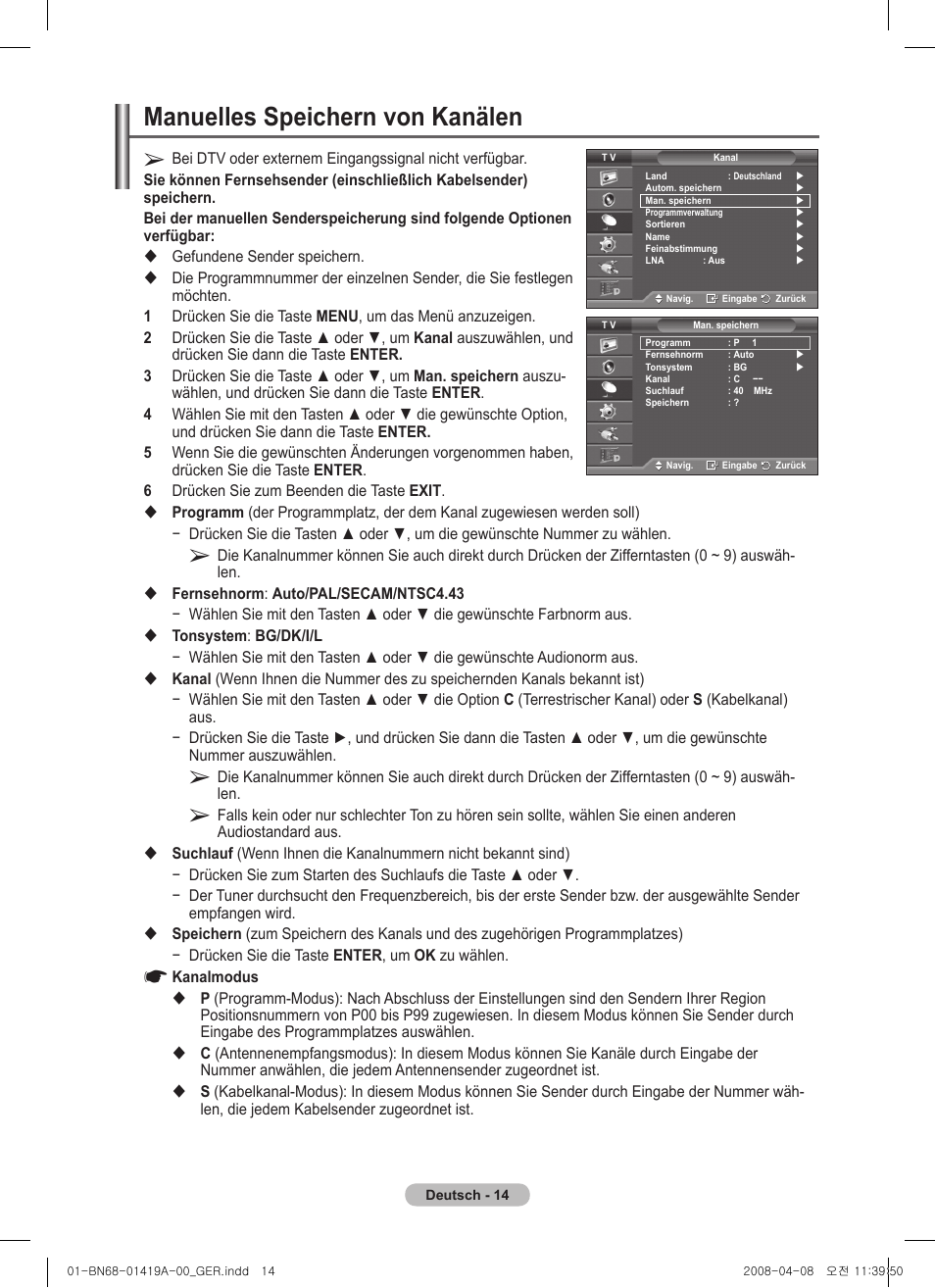 Manuelles speichern von kanälen | Samsung PS42A416C1D User Manual | Page 113 / 394