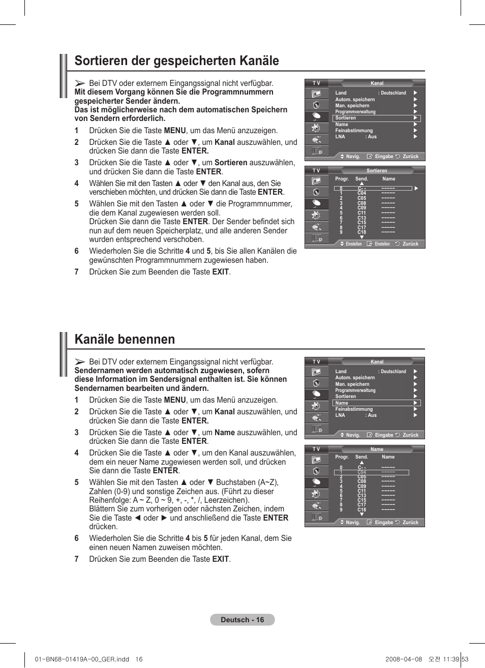 Sortieren der gespeicherten kanäle, Kanäle benennen | Samsung PS42A416C1D User Manual | Page 115 / 394