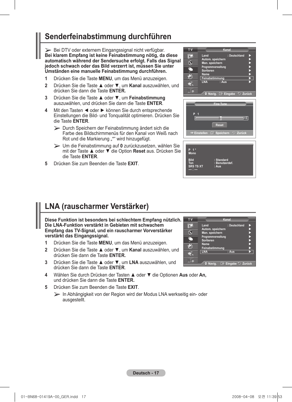 Senderfeinabstimmung durchführen, Lna (rauscharmer verstärker) | Samsung PS42A416C1D User Manual | Page 116 / 394