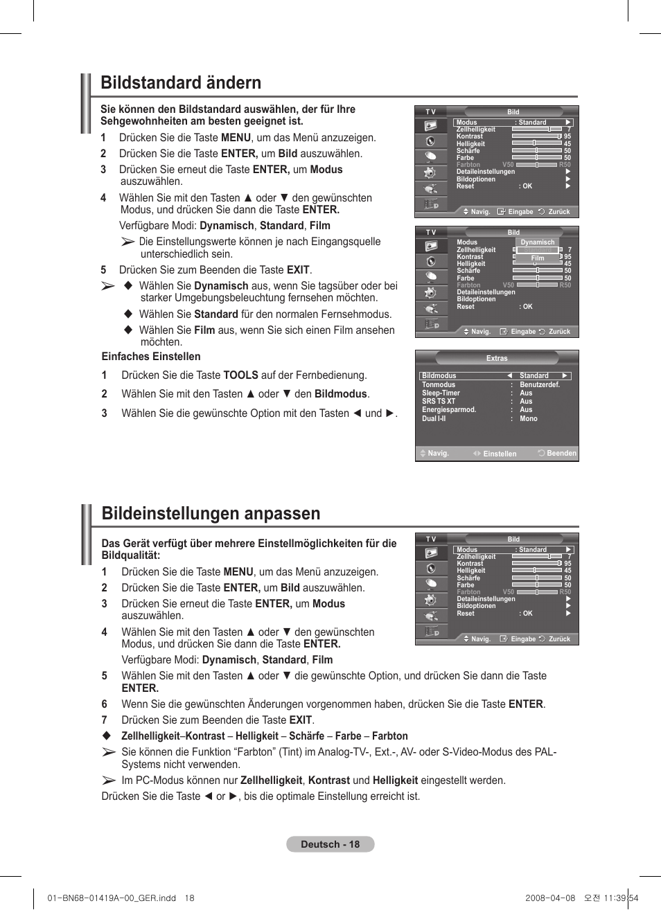 Bildeinstellungen anpassen, Bildstandard ändern, Wählen sie standard für den normalen fernsehmodus | Samsung PS42A416C1D User Manual | Page 117 / 394