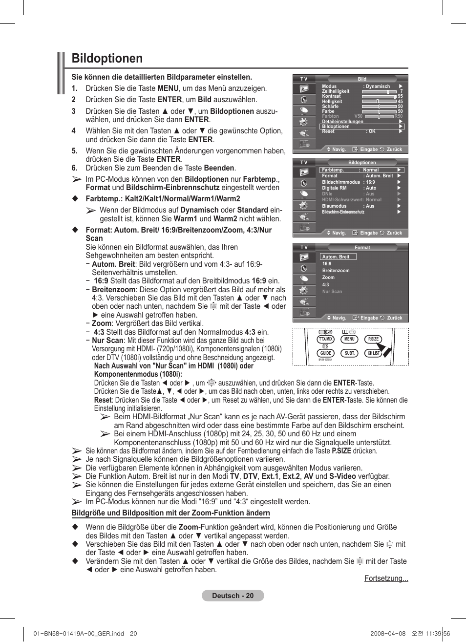 Bildoptionen | Samsung PS42A416C1D User Manual | Page 119 / 394