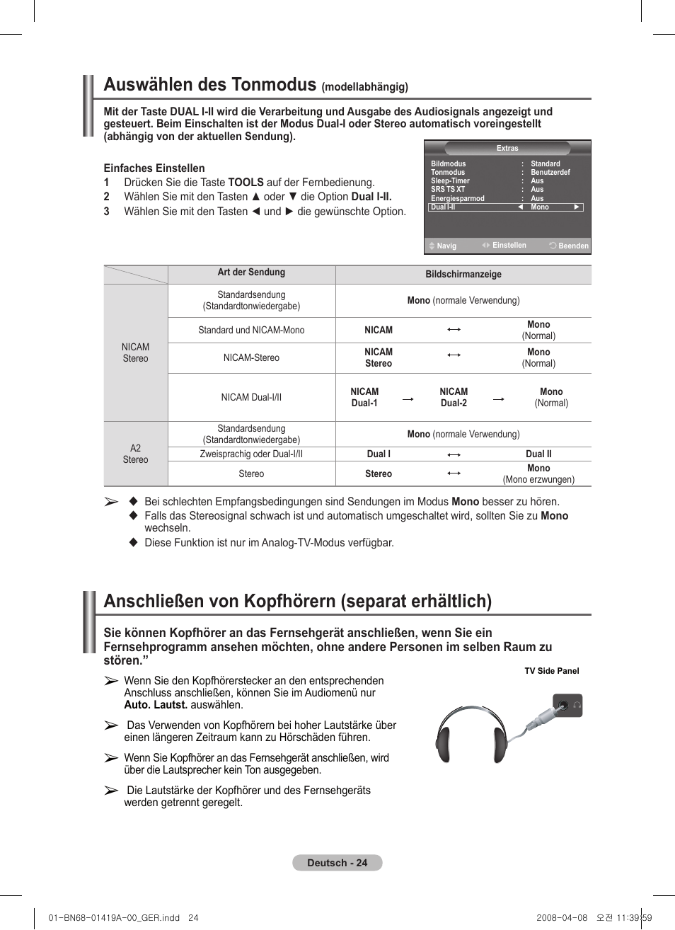 Auswählen des tonmodus, Anschließen von kopfhörern (separat erhältlich) | Samsung PS42A416C1D User Manual | Page 123 / 394