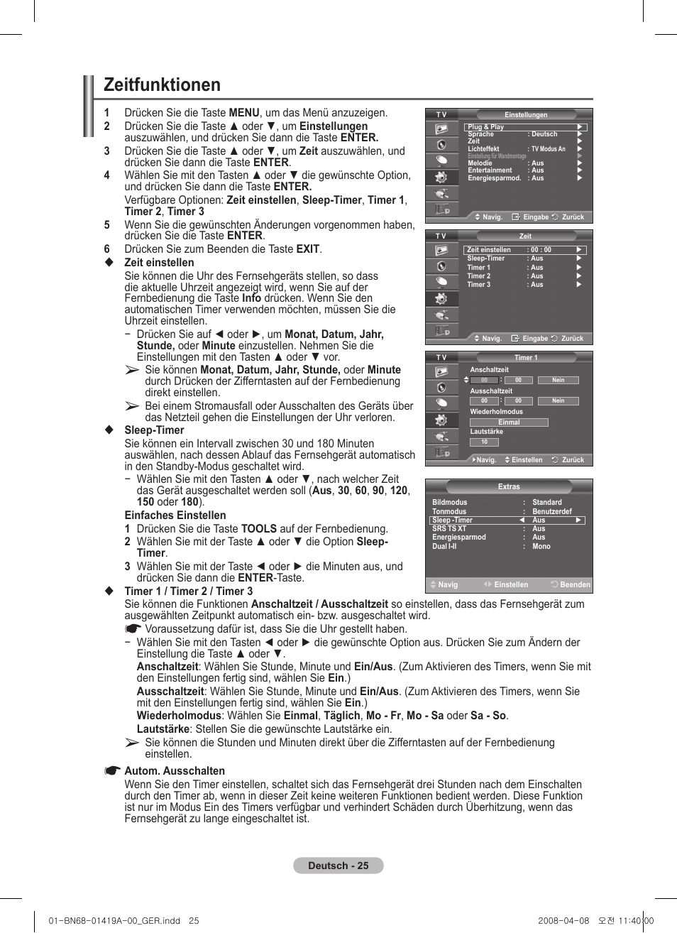 Zeitfunktionen | Samsung PS42A416C1D User Manual | Page 124 / 394