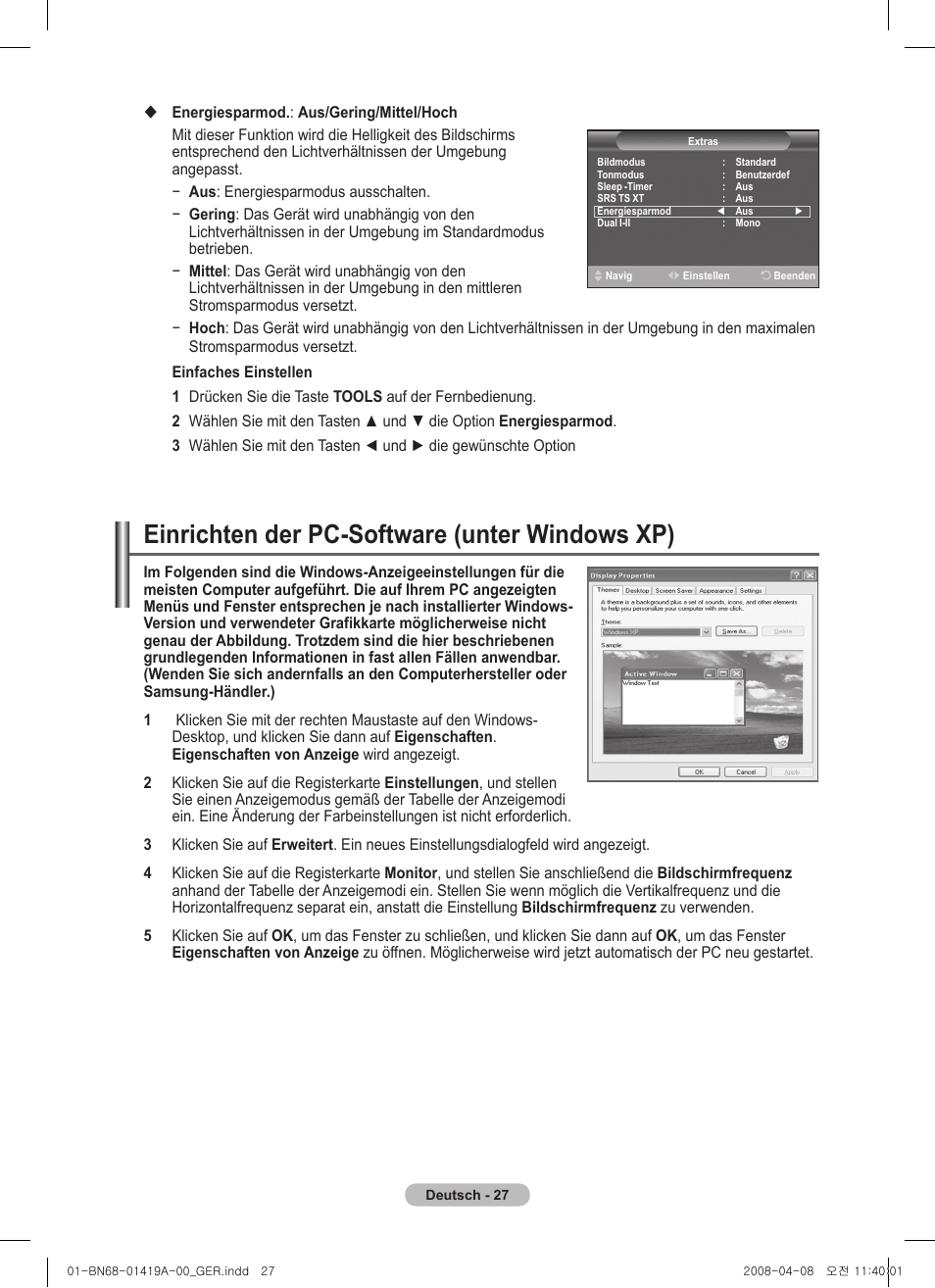 Einrichten der pc-software (unter windows xp) | Samsung PS42A416C1D User Manual | Page 126 / 394