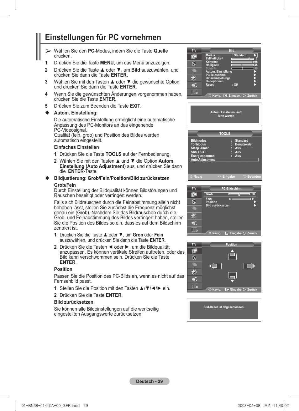 Einstellungen für pc vornehmen | Samsung PS42A416C1D User Manual | Page 128 / 394