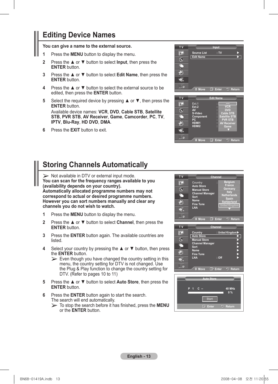 Editing device names, Storing channels automatically | Samsung PS42A416C1D User Manual | Page 13 / 394
