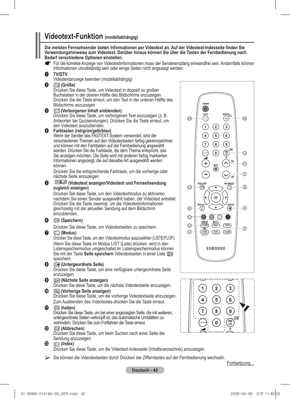 Videotext-funktion | Samsung PS42A416C1D User Manual | Page 141 / 394