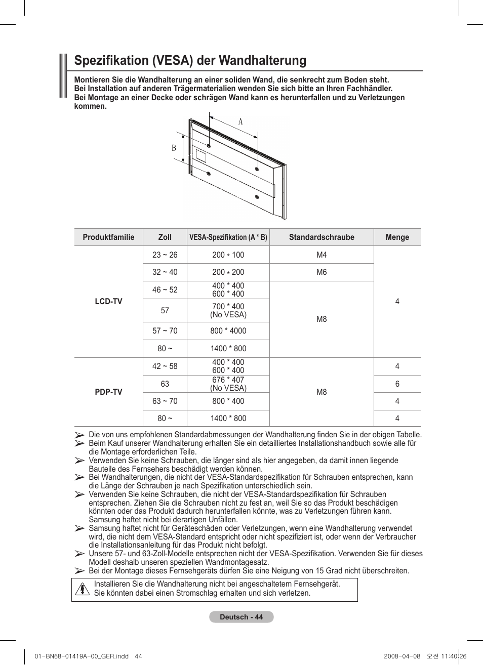 Spezifikation (vesa) der wandhalterung | Samsung PS42A416C1D User Manual | Page 143 / 394