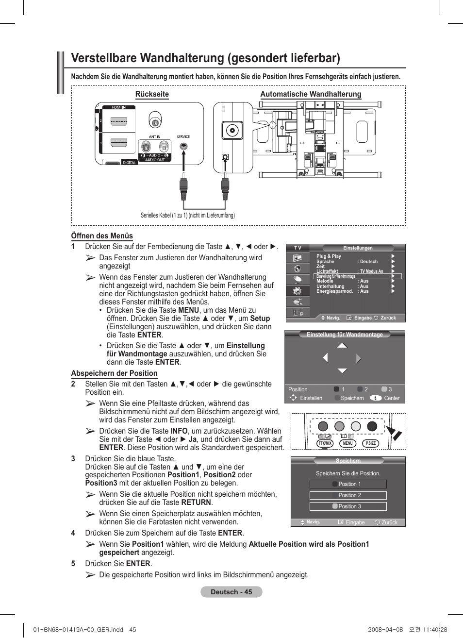 Verstellbare wandhalterung (gesondert lieferbar) | Samsung PS42A416C1D User Manual | Page 144 / 394