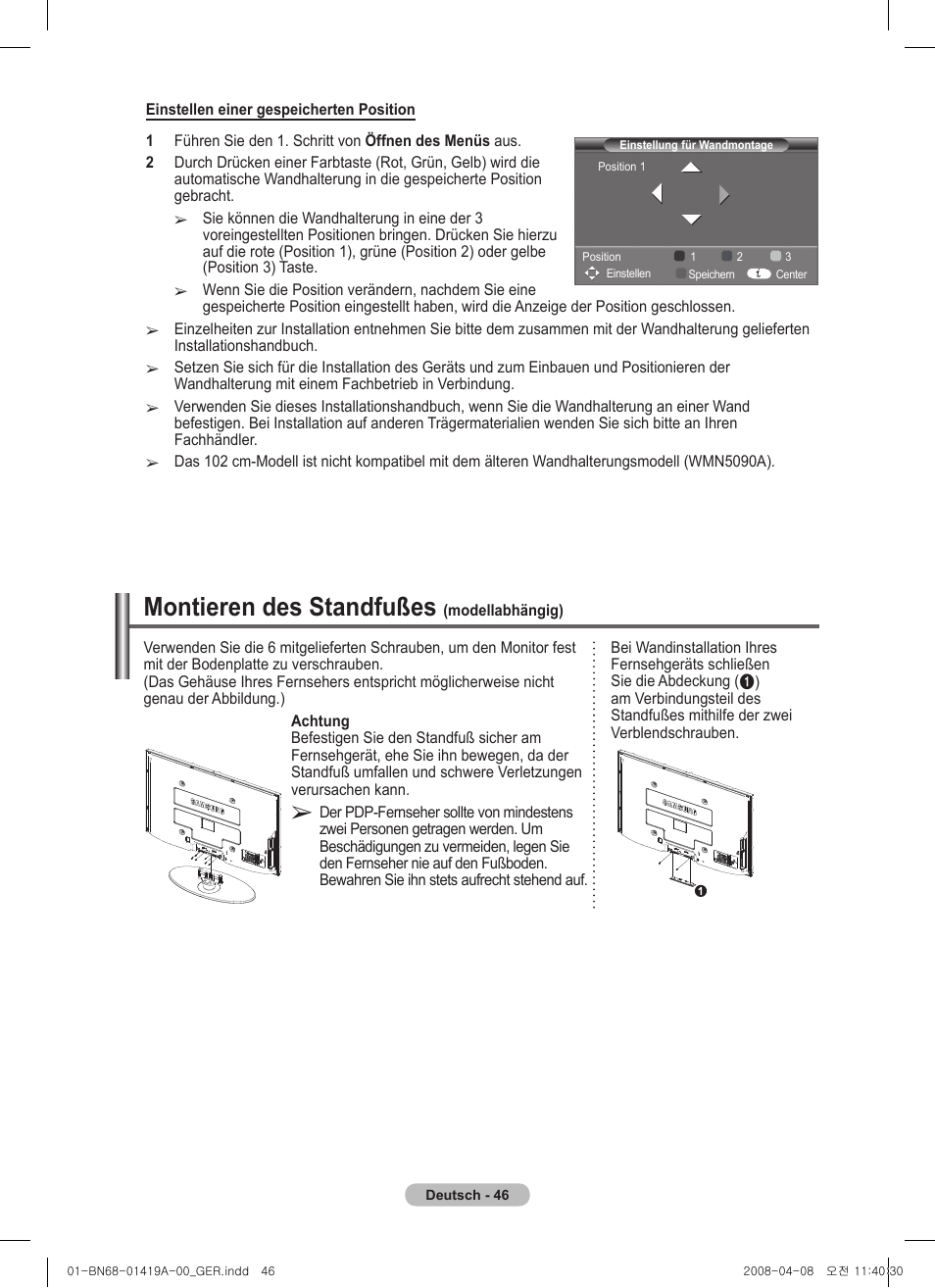 Montieren des standfußes | Samsung PS42A416C1D User Manual | Page 145 / 394