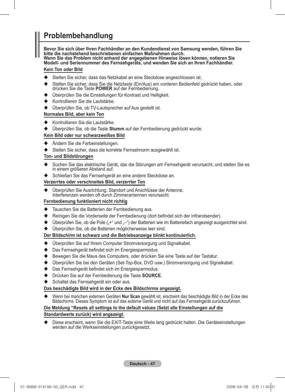Problembehandlung | Samsung PS42A416C1D User Manual | Page 146 / 394
