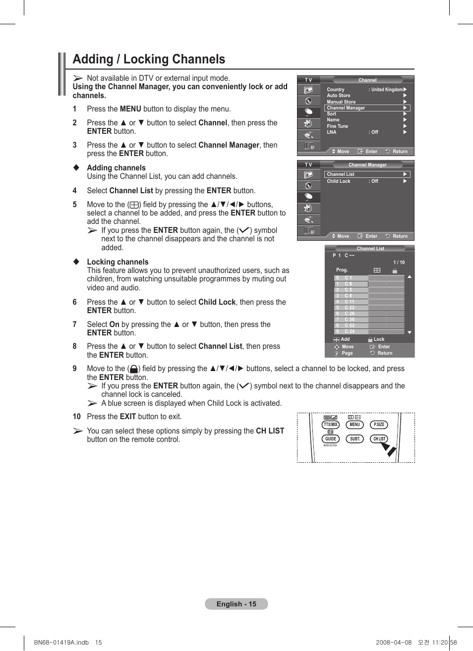 Adding / locking channels | Samsung PS42A416C1D User Manual | Page 15 / 394