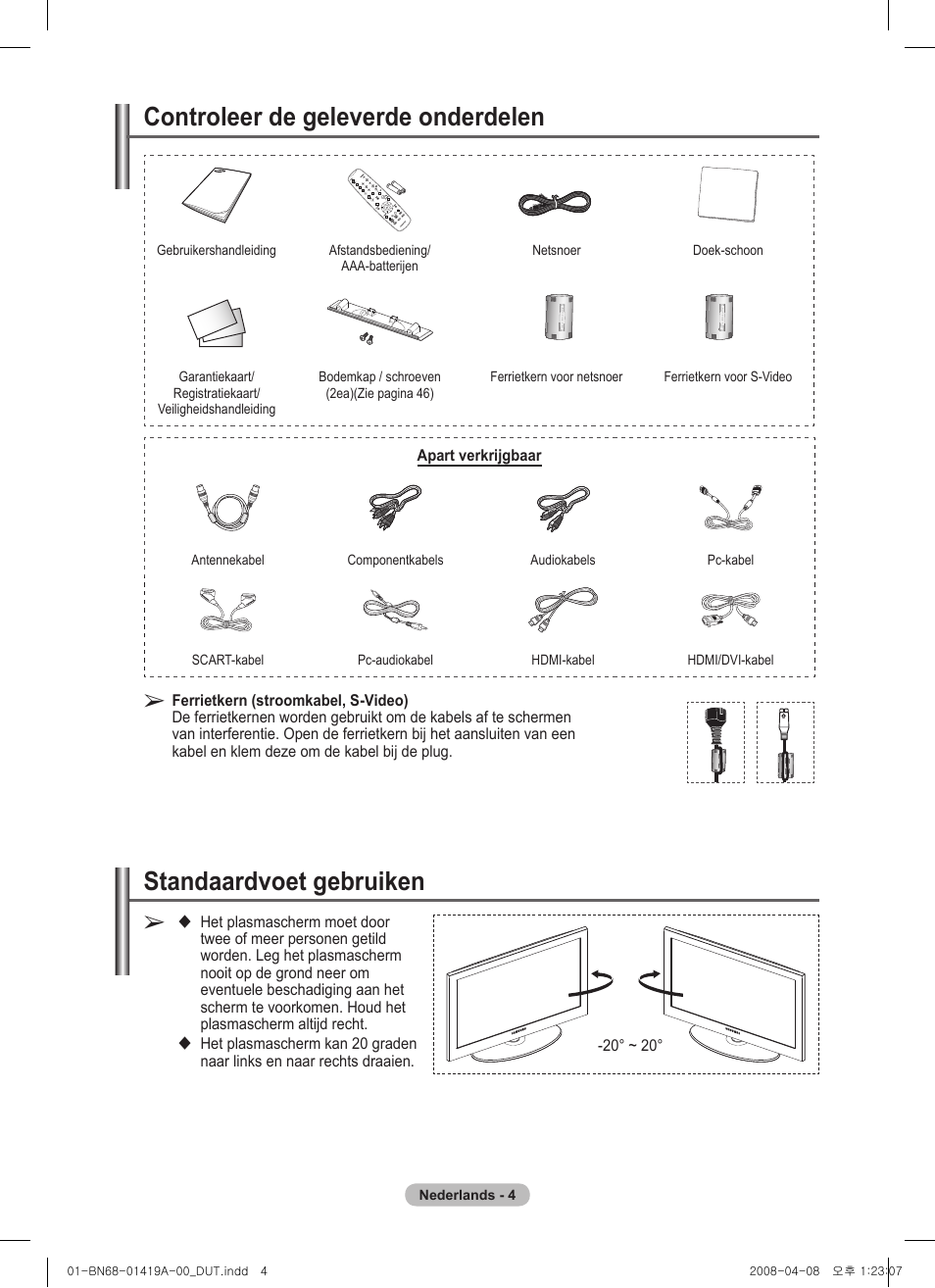 Standaardvoet gebruiken, Controleer de geleverde onderdelen | Samsung PS42A416C1D User Manual | Page 152 / 394