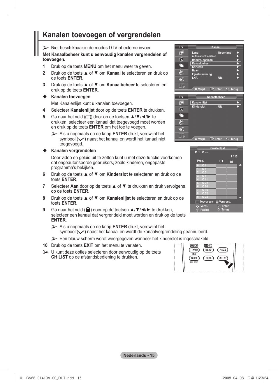 Kanalen toevoegen of vergrendelen | Samsung PS42A416C1D User Manual | Page 163 / 394