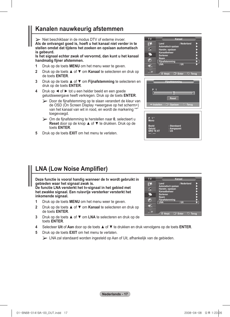 Kanalen nauwkeurig afstemmen, Lna (low noise amplifier) | Samsung PS42A416C1D User Manual | Page 165 / 394