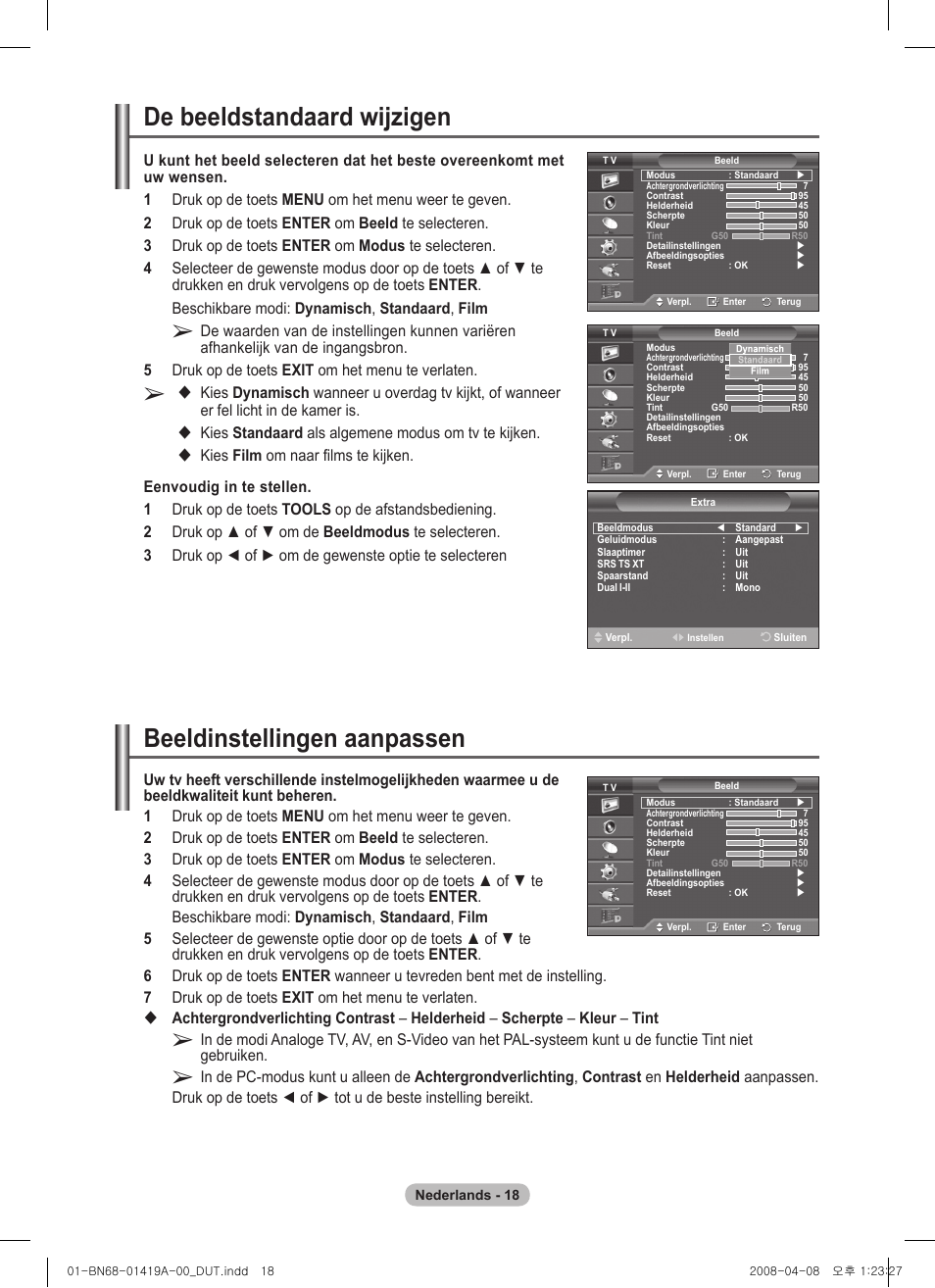 De beeldstandaard wijzigen, Beeldinstellingen aanpassen, Kies standaard als algemene modus om tv te kijken | Samsung PS42A416C1D User Manual | Page 166 / 394