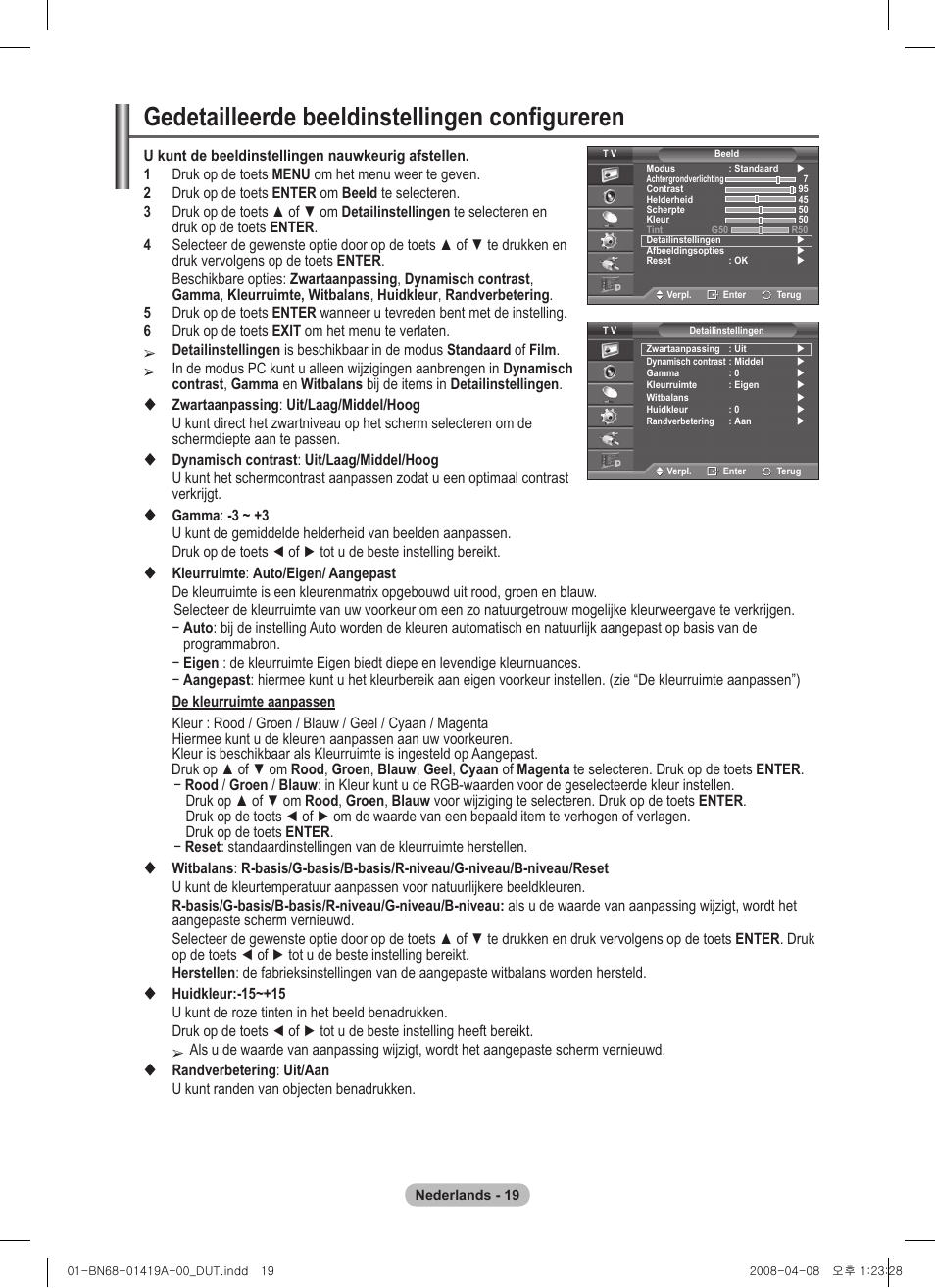 Gedetailleerde beeldinstellingen configureren | Samsung PS42A416C1D User Manual | Page 167 / 394