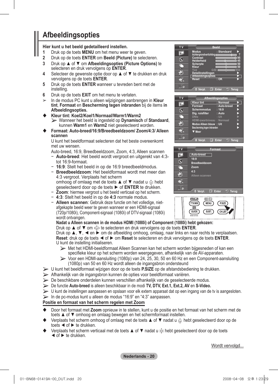 Afbeeldingsopties | Samsung PS42A416C1D User Manual | Page 168 / 394