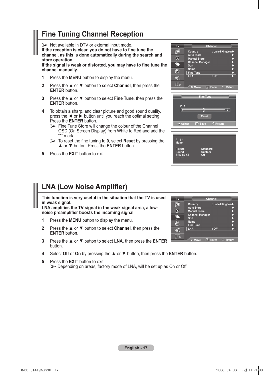 Fine tuning channel reception, Lna (low noise amplifier) | Samsung PS42A416C1D User Manual | Page 17 / 394