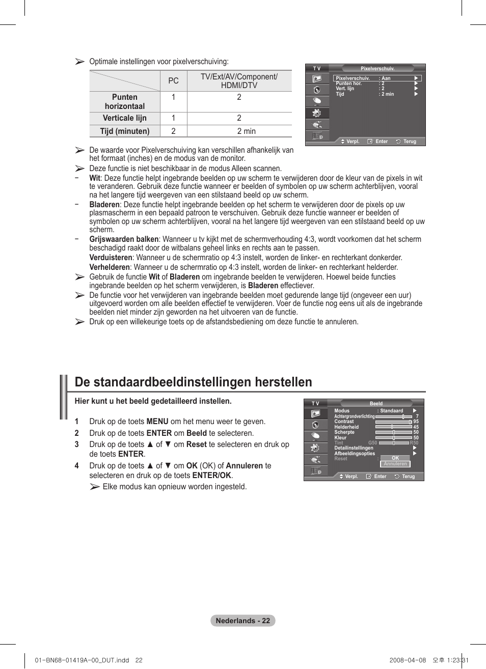De standaardbeeldinstellingen herstellen | Samsung PS42A416C1D User Manual | Page 170 / 394