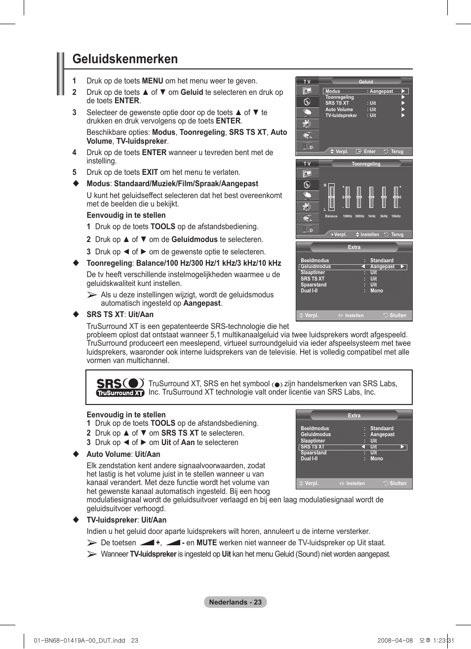 Geluidskenmerken | Samsung PS42A416C1D User Manual | Page 171 / 394