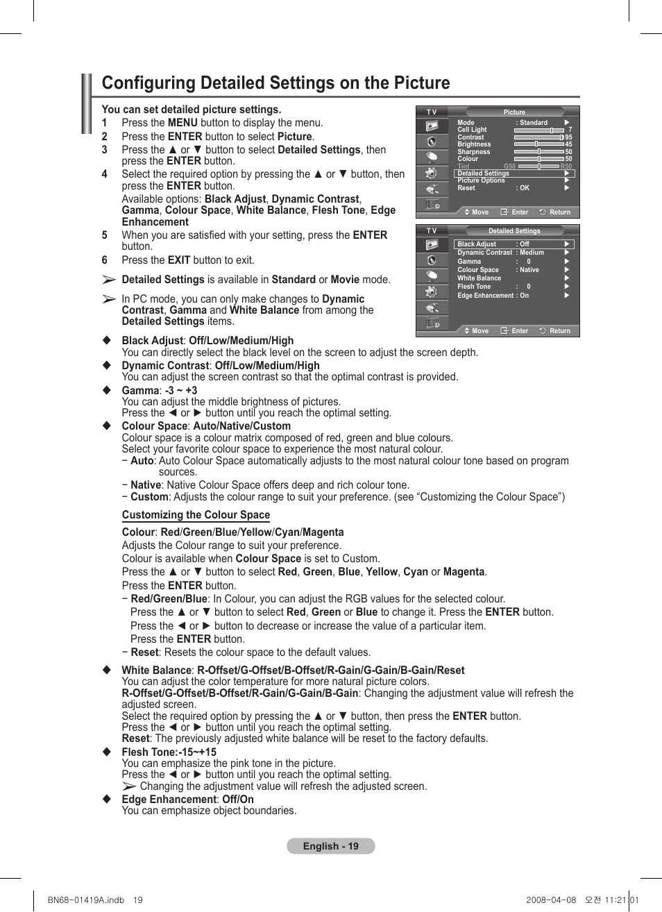 Configuring detailed settings on the picture | Samsung PS42A416C1D User Manual | Page 19 / 394
