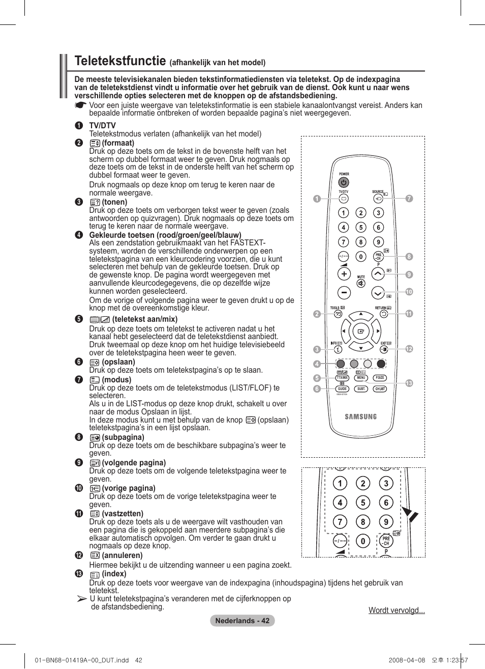 Teletekstfunctie | Samsung PS42A416C1D User Manual | Page 190 / 394