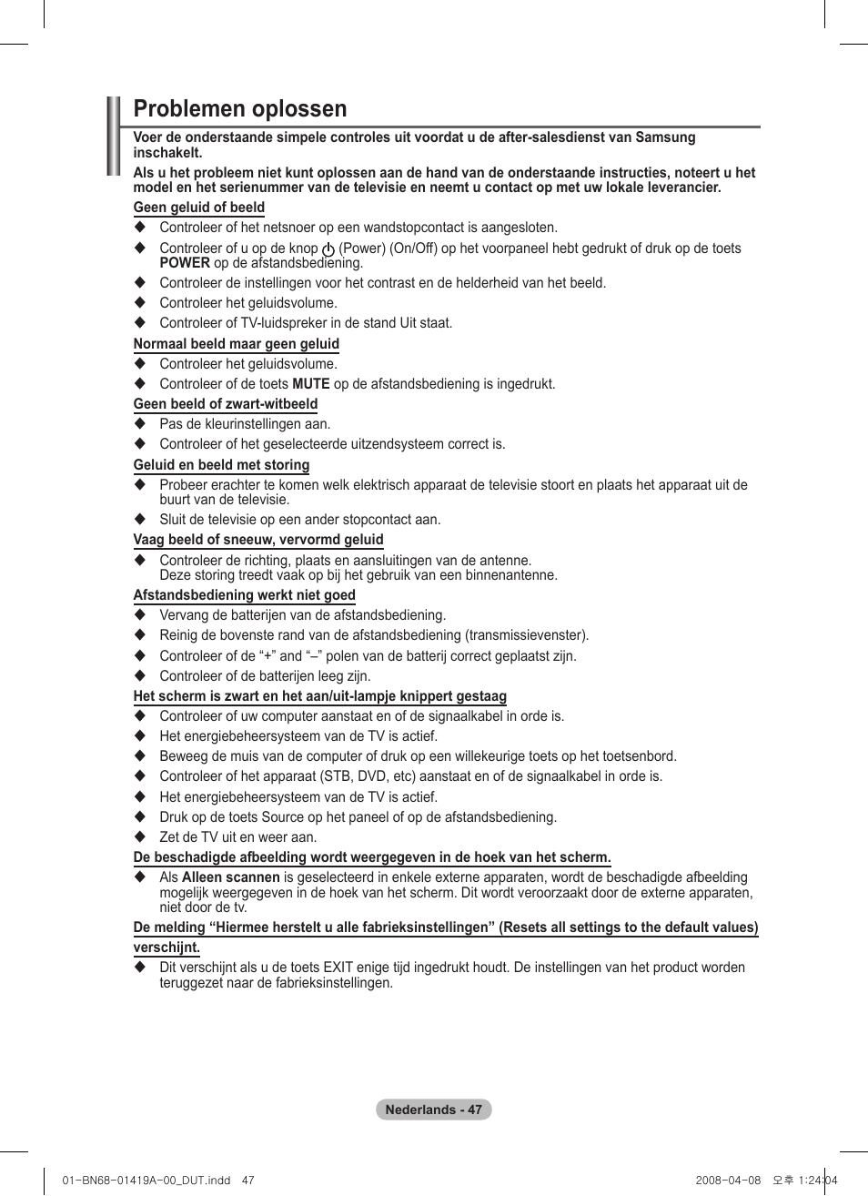 Problemen oplossen | Samsung PS42A416C1D User Manual | Page 195 / 394