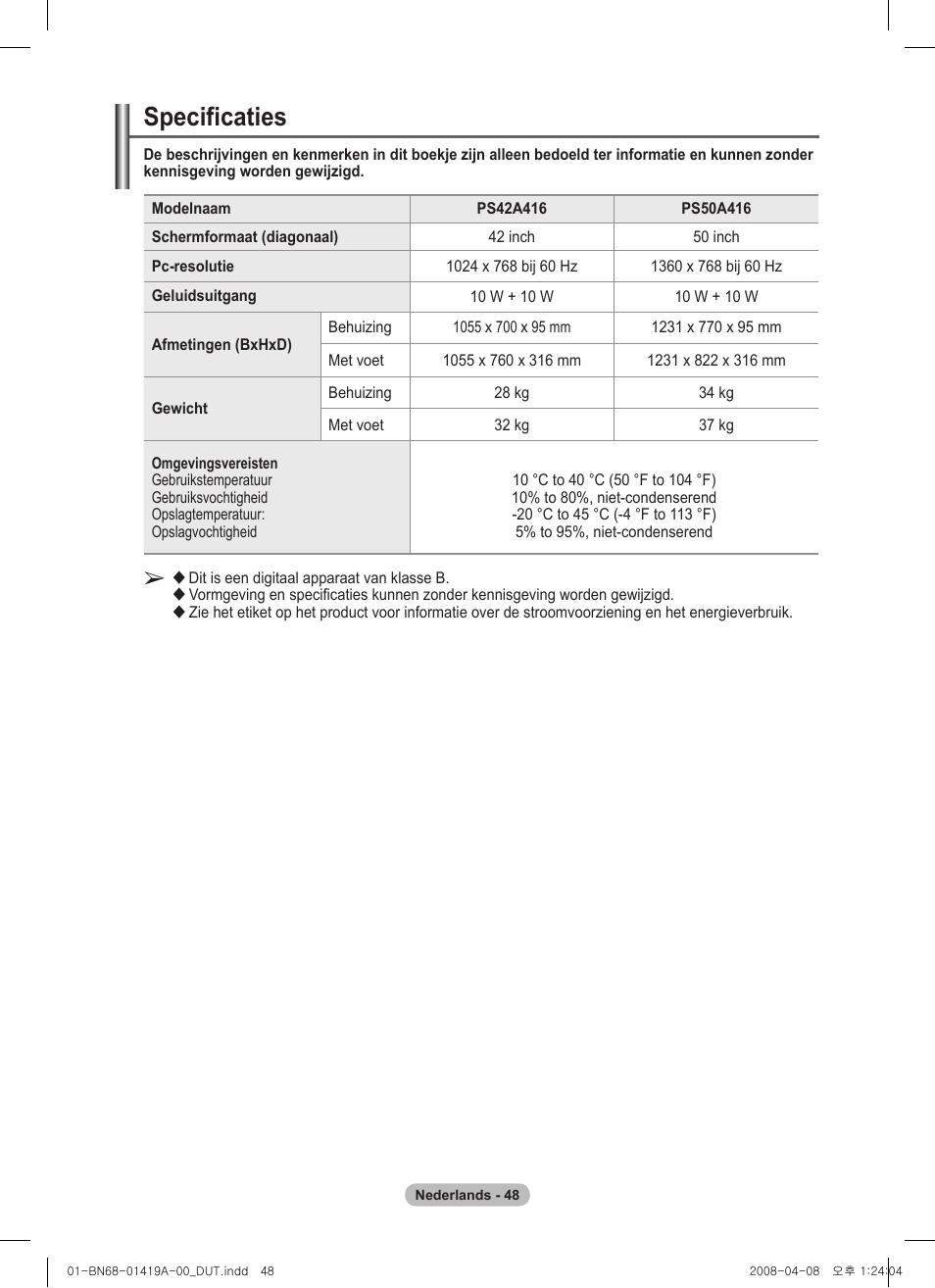 Specificaties | Samsung PS42A416C1D User Manual | Page 196 / 394