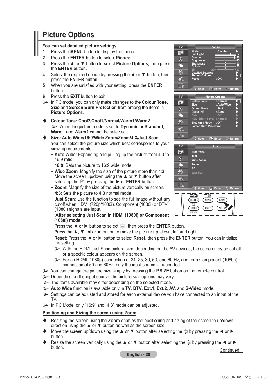 Picture options | Samsung PS42A416C1D User Manual | Page 20 / 394
