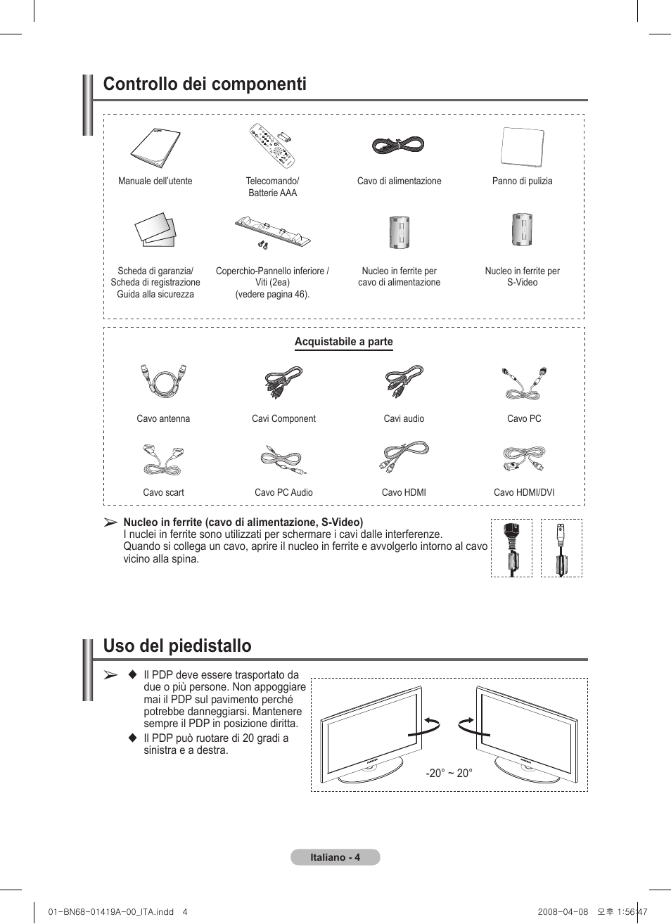 Uso del piedistallo, Controllo dei componenti | Samsung PS42A416C1D User Manual | Page 201 / 394