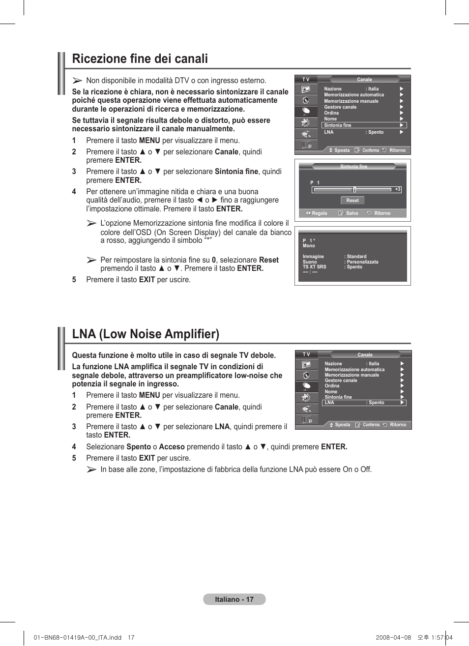 Ricezione fine dei canali, Lna (low noise amplifier) | Samsung PS42A416C1D User Manual | Page 214 / 394