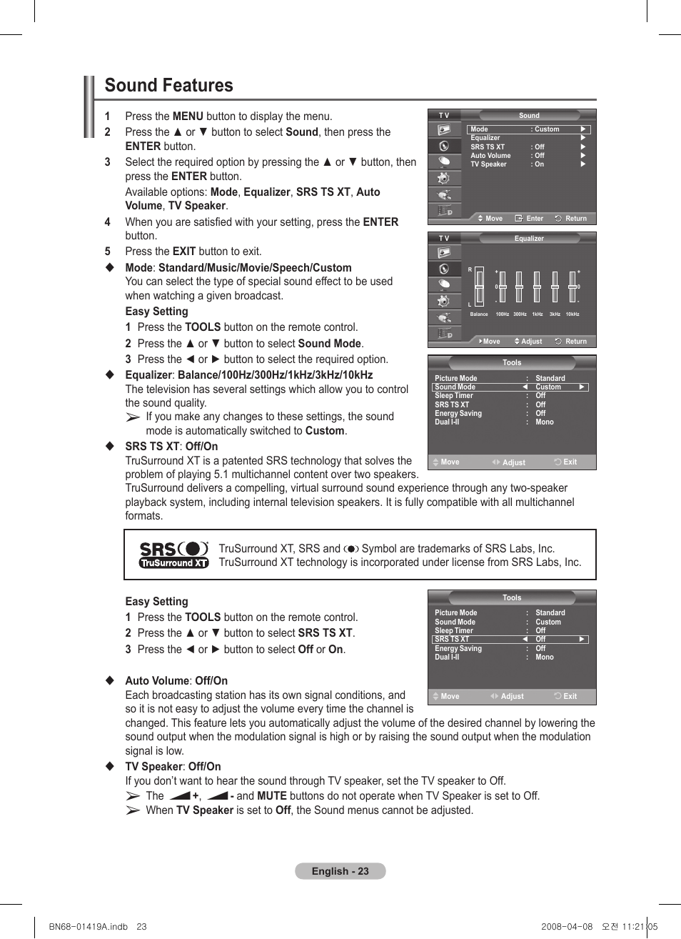 Sound features | Samsung PS42A416C1D User Manual | Page 23 / 394