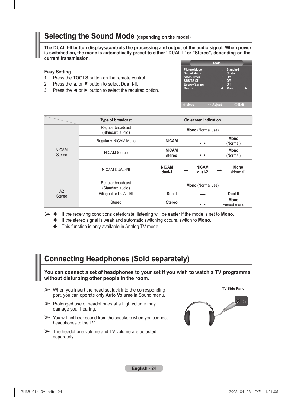 Selecting the sound mode (depending on the model, Connecting headphones (sold separately), Selecting the sound mode | Samsung PS42A416C1D User Manual | Page 24 / 394