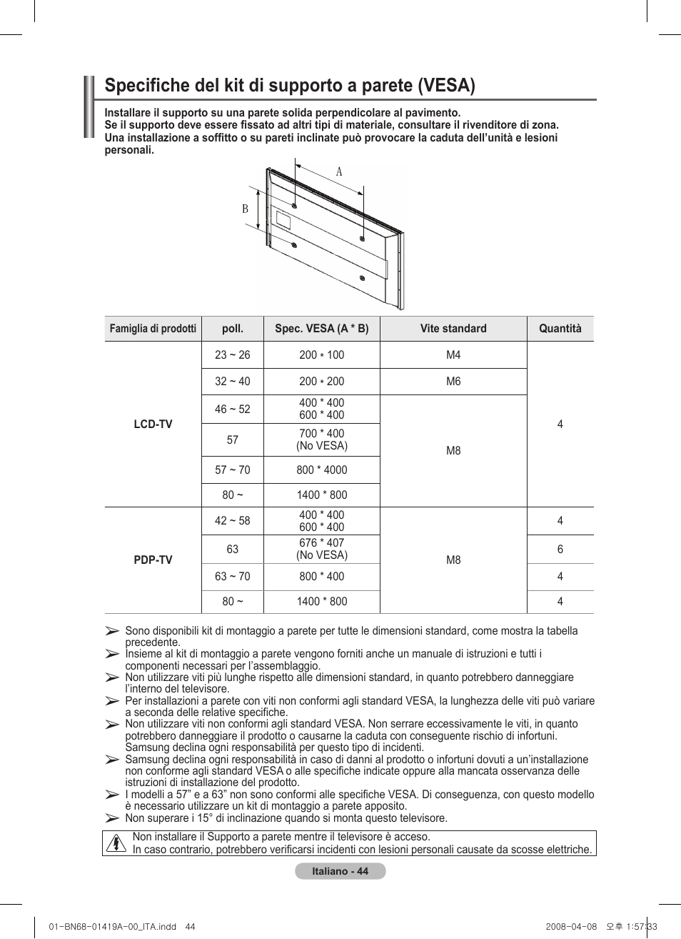 Specifiche del kit di supporto a parete (vesa) | Samsung PS42A416C1D User Manual | Page 241 / 394