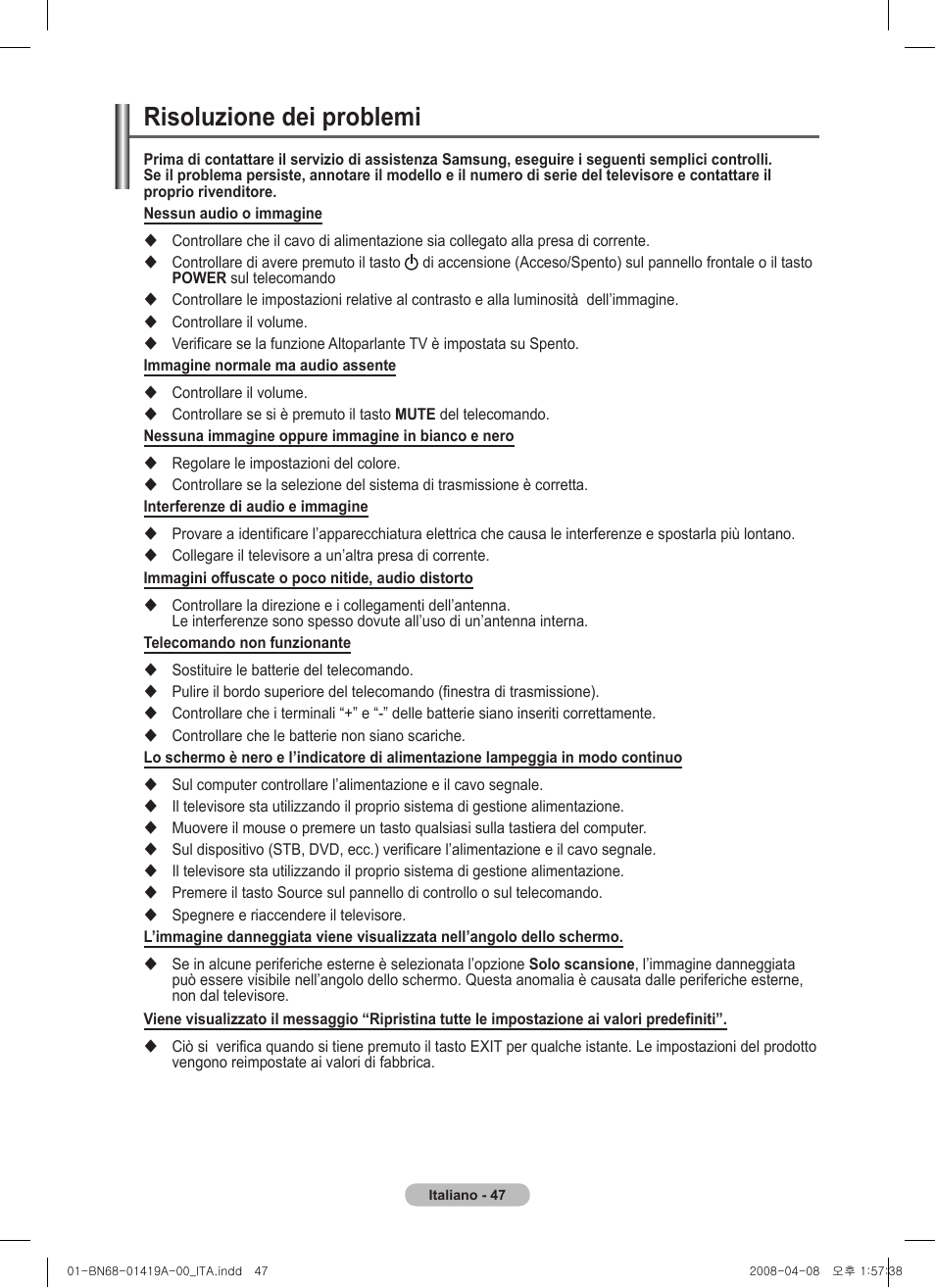 Risoluzione dei problemi | Samsung PS42A416C1D User Manual | Page 244 / 394