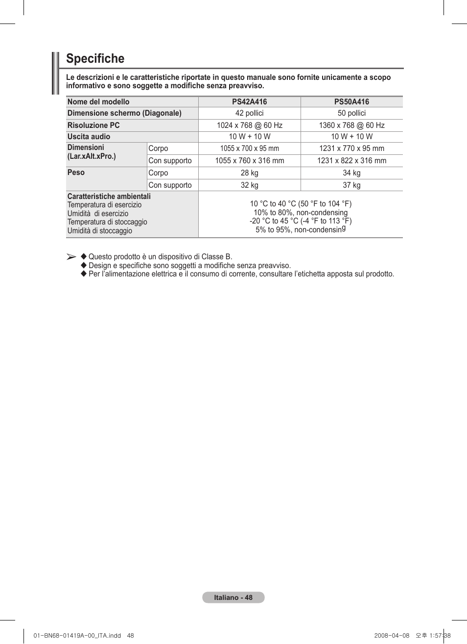 Specifiche | Samsung PS42A416C1D User Manual | Page 245 / 394