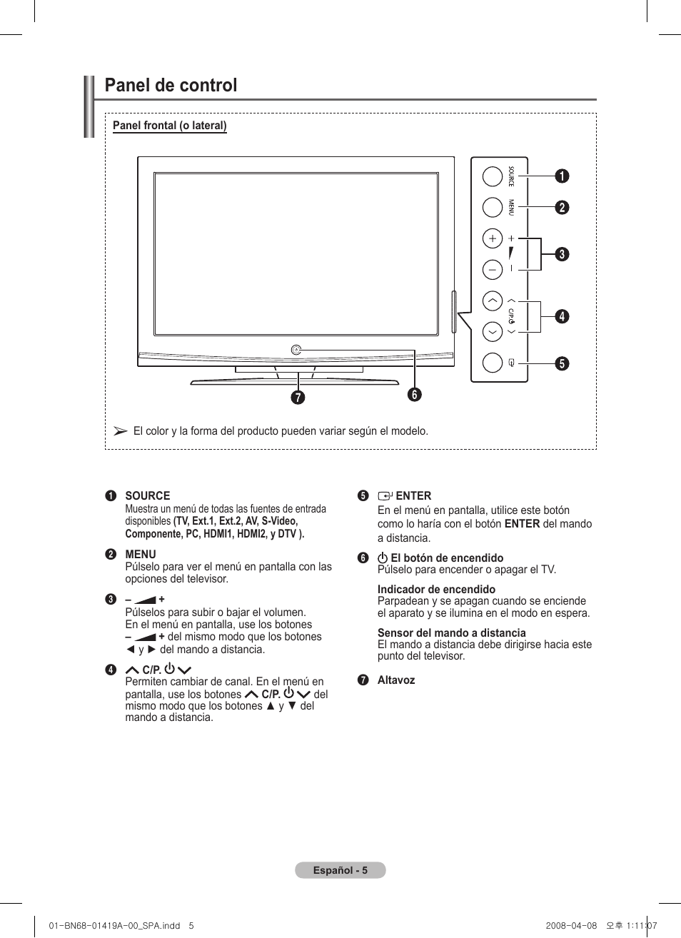 Panel de control | Samsung PS42A416C1D User Manual | Page 251 / 394